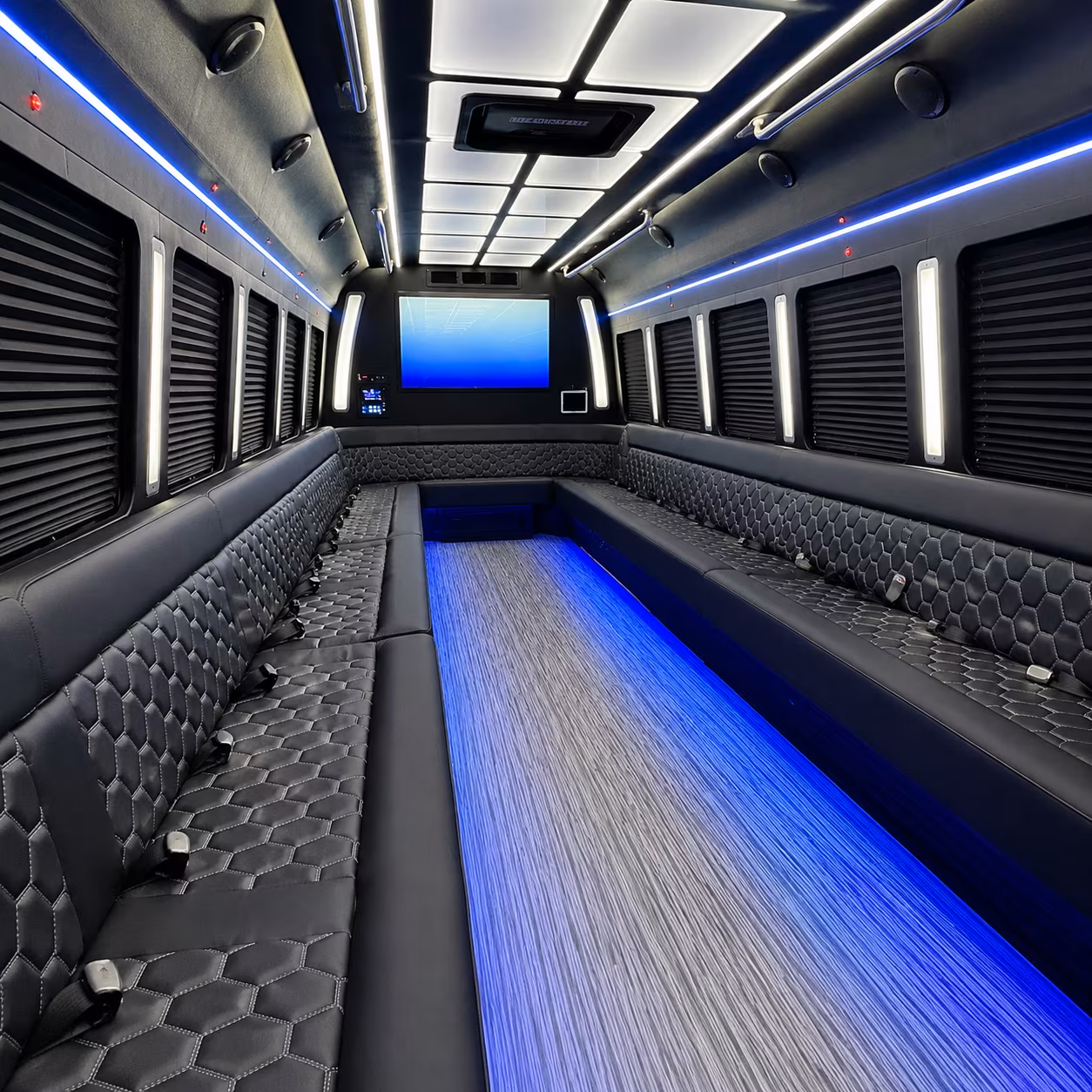 brick 50 passenger party bus inside